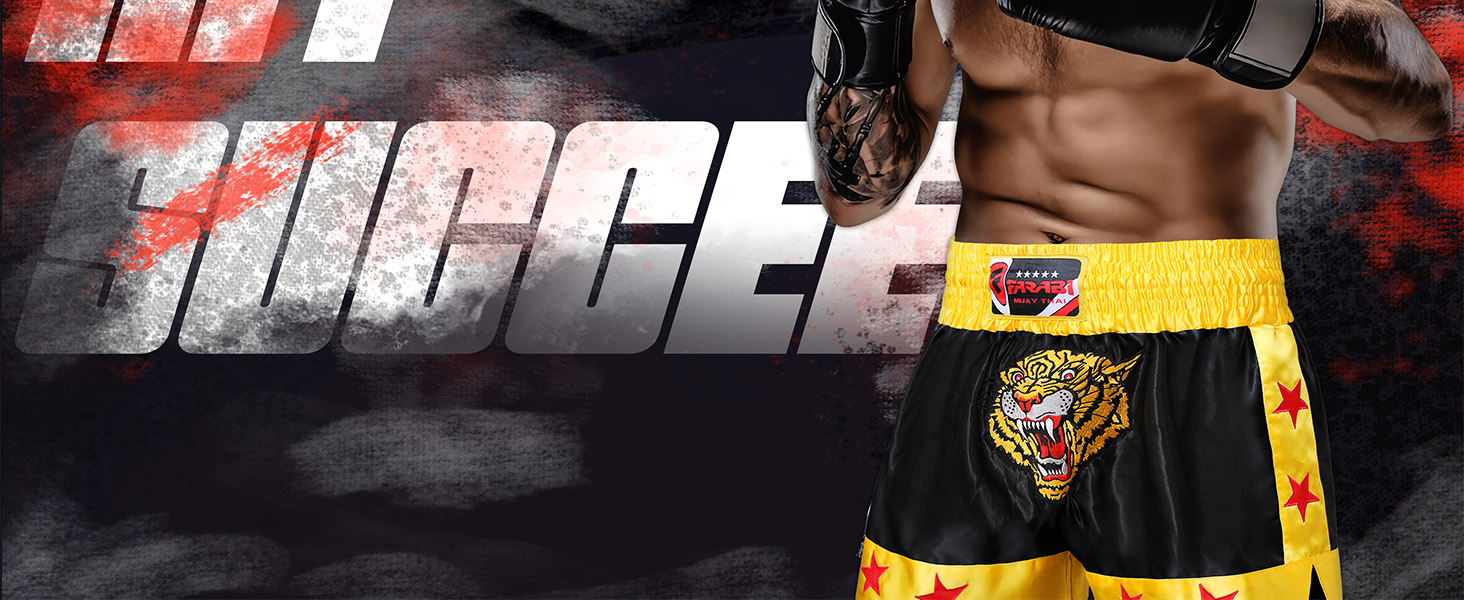 Muay Thai Shorts Kick Boxing Training Satin Black Gold Short Tiger Embroidery