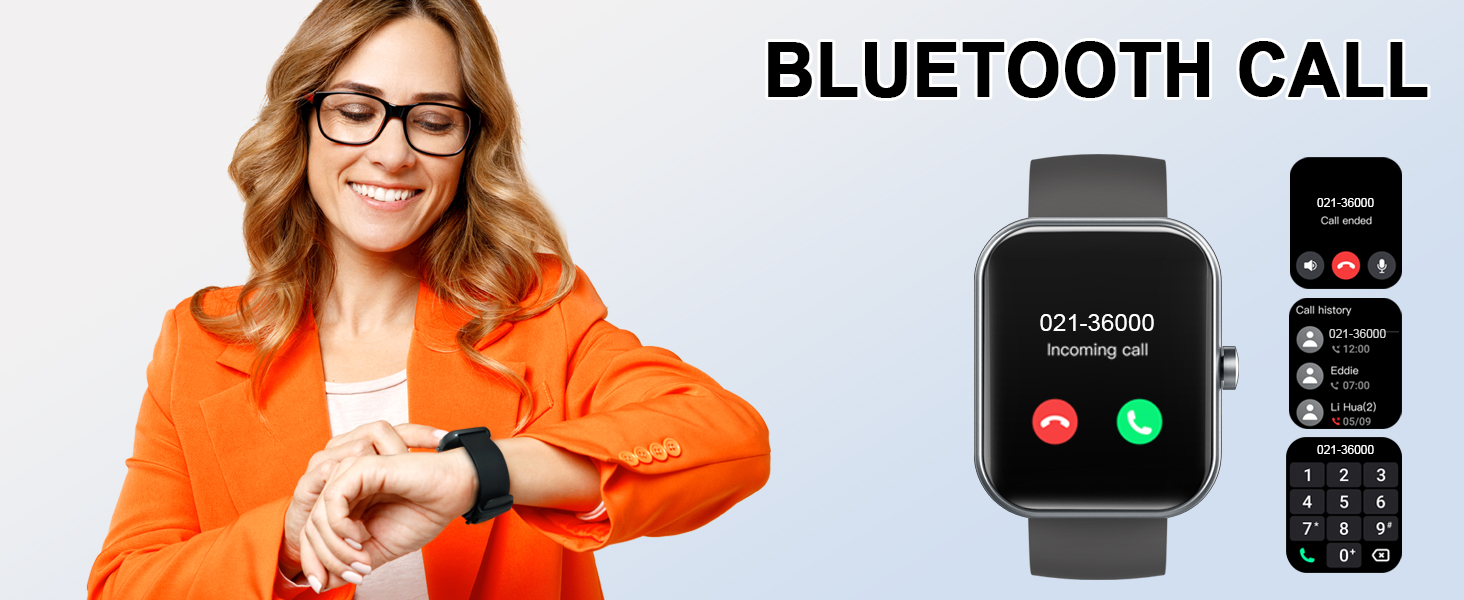 Text reads 'BLUETOOTH CALL'. Smartwatch interface demonstrations showing incoming call screen and watch functions on dark display.