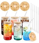 6 Pack Glass Cup with Lids and Straws, 16 OZ Can Shaped Glass Cup Iced Coffee Drinking Cups, Beer...