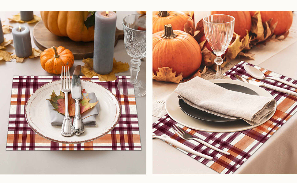 Fall Placemats Set of 4,12x18 Inch Tartan Plaid Heat