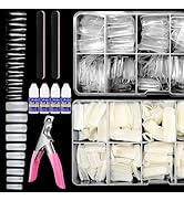 Yokilly 1000PCS Square Nail Tips and Glue, Clear Natural False Acrylic Nail Tips, Half Cover 10 S...