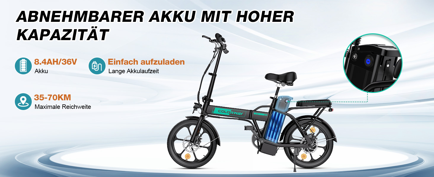 Faltbares Elektrofahrrad mit herausnehmbarem Akku, mit schwarzem und türkisfarbenem Rahmen, integriertem Display und komfortablem Sattel. Der Marketingtext hebt die Merkmale der Batteriekapazität