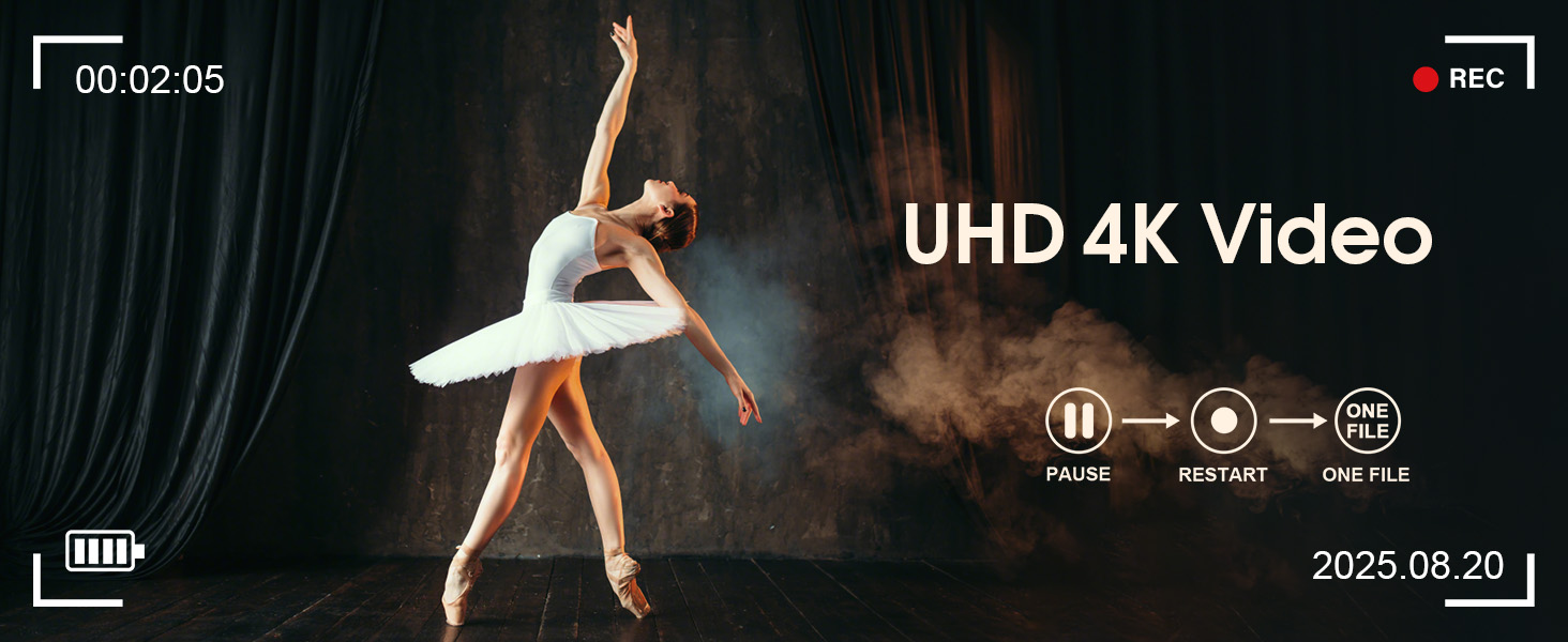 Der Text lautet „UHD 4K Video“ mit dunkler Kinooberfläche, auf der die Wiedergabesteuerung und der Zeitstempel „2025.06.23“ zu sehen sind. Videoplayer-Oberfläche mit Standard-Mediensteuerungen.