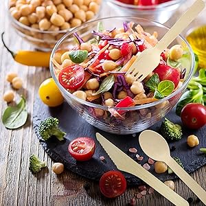 (150 Count) Disposable Wooden Cutlery Set - Alternative to Plastic, Eco Friendly, Biodegradable, Compostable Cutlery Set - 50 Wood Spoons, 50 Wooden Knives & 50 Wooden Forks Disposable Utensils Set 12 wooden utensils