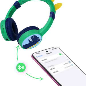 Green and black headphones with yellow accent shown next to smartphone displaying an app interface.