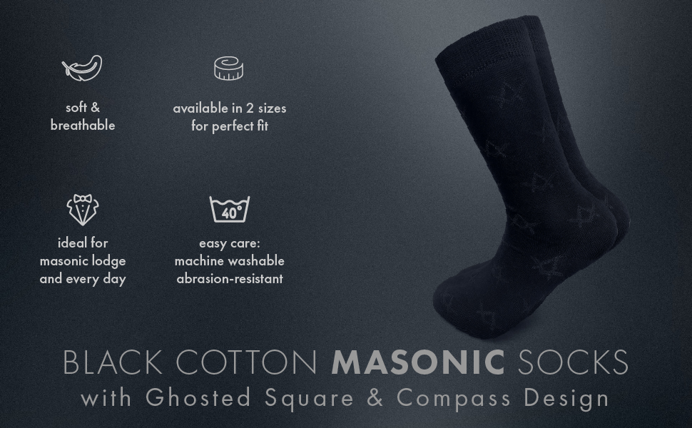 THE MASONIC COLLECTION - Black Cotton Socks - Breathable Material - Discreet Square and Compass Design – in 6-9 & 9-11 - A Perfect Masonic Gift Accessory For Freemason Men 22 black cotton masonic socks with square and compass available in 6-9 and 9-11 sizes to give best fit