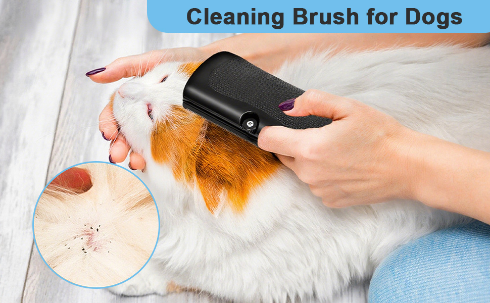 El texto dice «Cepillo de limpieza para perros». Serie de imágenes que muestran el uso de un cepillo de aseo en pieles blancas, lo que demuestra la técnica de aseo de mascotas.