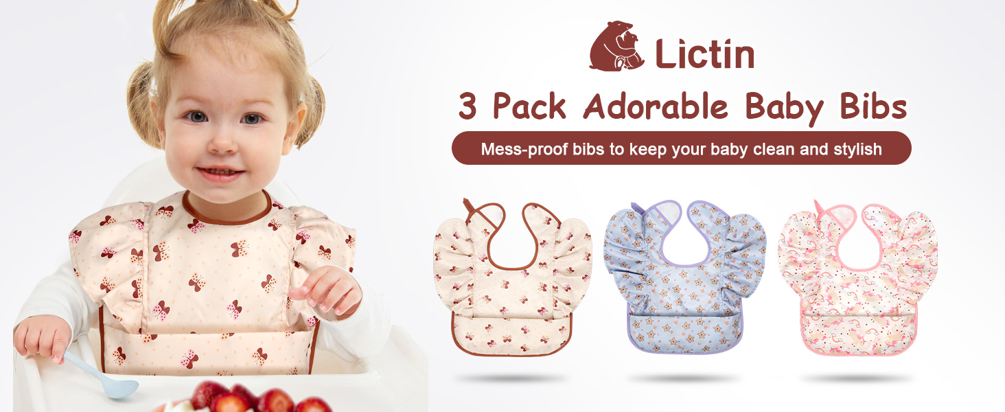 Lictin 3 Pack MessProof Baby Bibs, Waterproof Oilproof Toddler Feeding Bib with Adjustable
