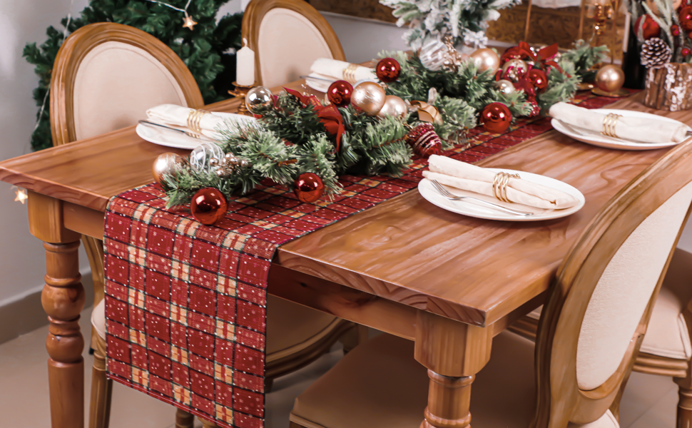 Snowkingdom Christmas Red Plaid Table Runner 13×72 Inch