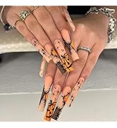 Long Square Press on Nails Halloween Fake Nails with Designs Pumpkin Stick on Nail Coffin Acrylic...