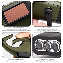 Flashlight features. Solar panel, hand crank, LED bulbs, adn carabiner clip