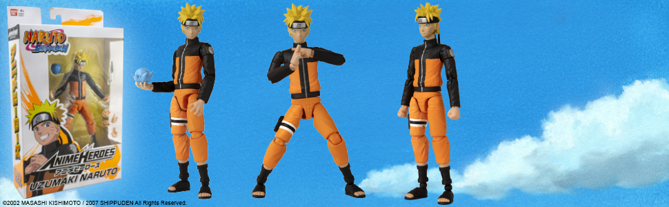 Naruto Uzumaki figure in 3 poses with packaging shot on background of painted clouds