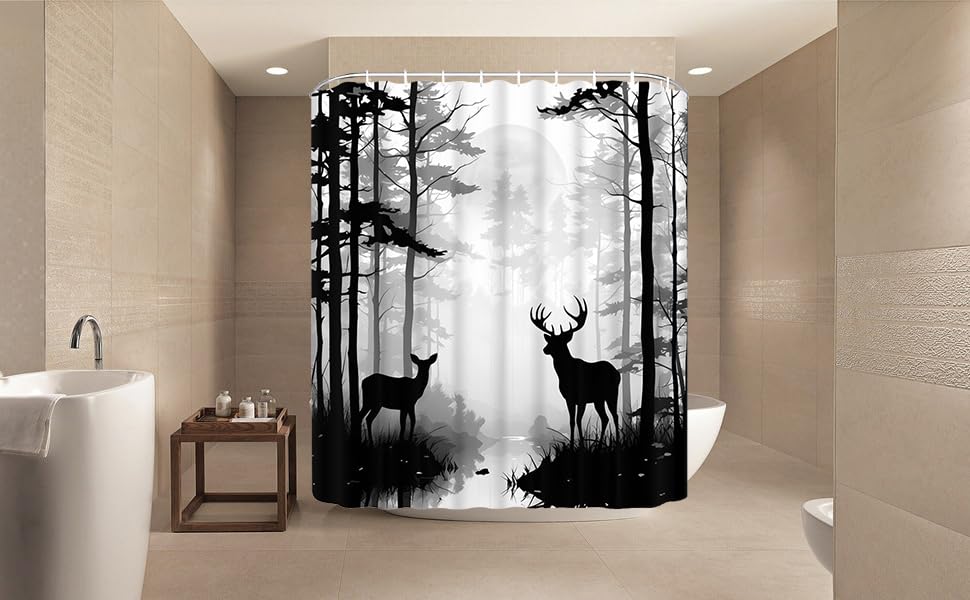 ZWSMZW Deer Shower Curtain Foggy Forest Wildlife Hunting Moon Mountain Rustic Lodge