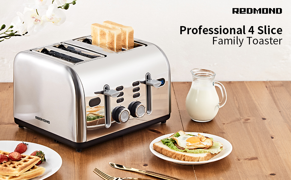 Toaster 4 Slice, REDMOND Stainless Steel Retro Toaster with LED Countdown Timer and