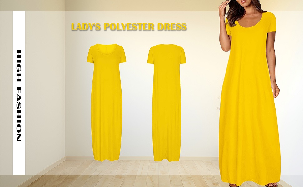 Robe longue en polyester jaune vif à manches courtes et encolure dégagée. Deux photos de produits plats et une photo portée par un mannequin, mettant en valeur la silhouette intégrale de la robe et sa coupe ample et fluide
