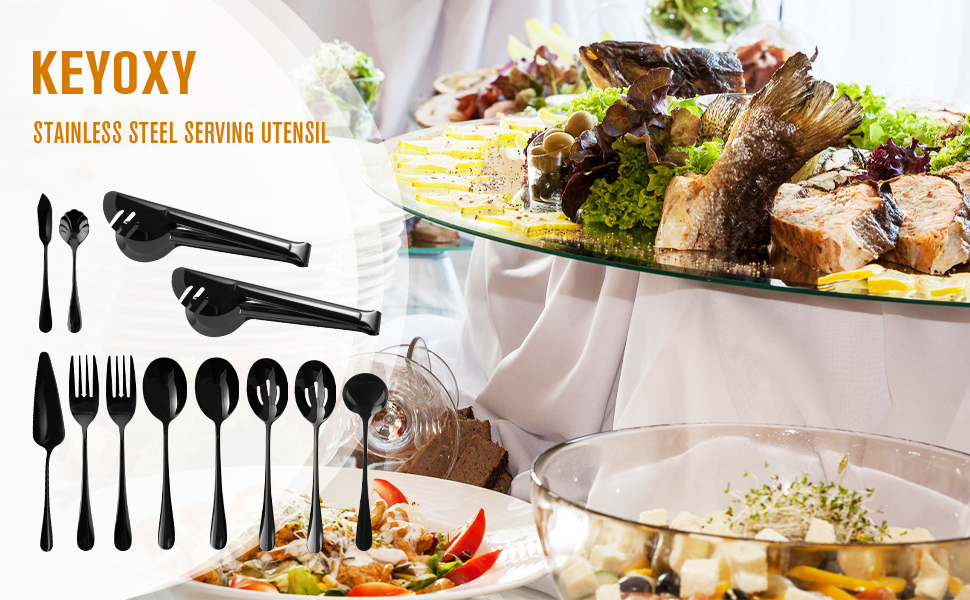 Keyoxy Black Serving Utensils,17 Pcs Stainless Steel