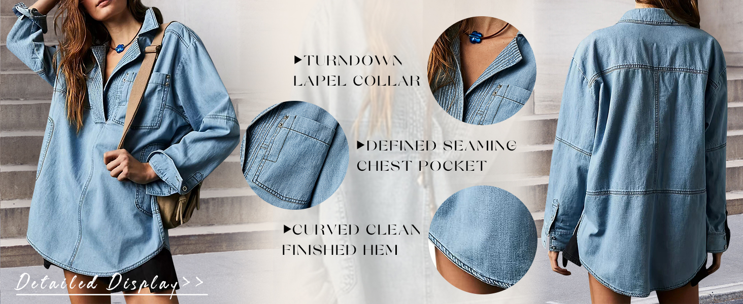 Women Long Sleeve Denim Pullover Jean Shirt V Neck Oversized Denim Shirt Hoodie Sweatshirt