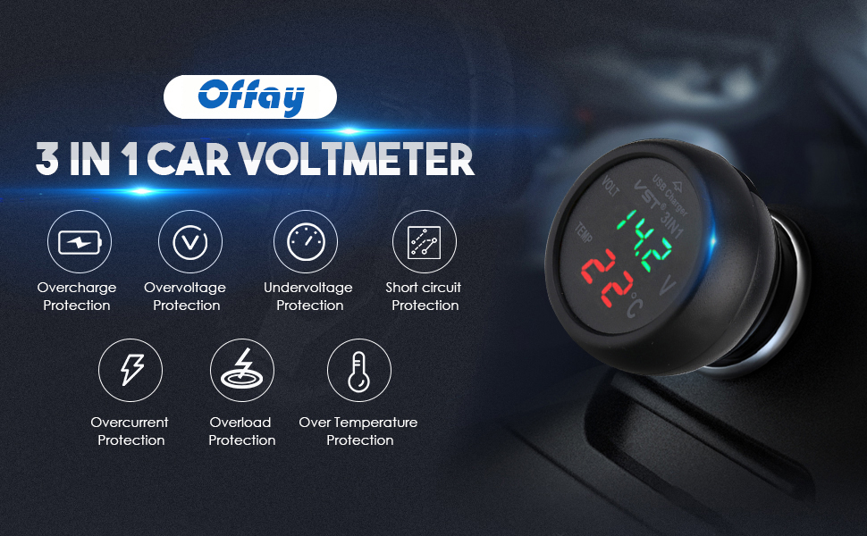 Car Voltmeter, 3 in 1 12V/24V Car USB Charger Thermometer Display