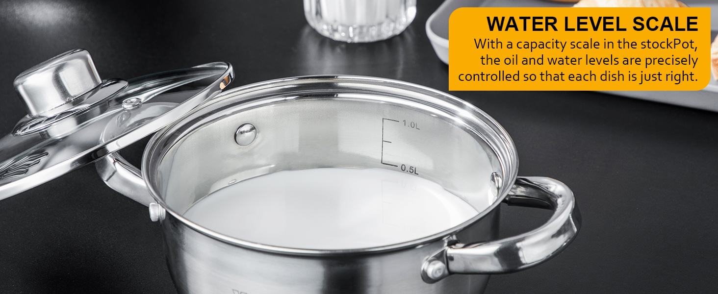Stainless steel cooking pot with glass lid and side handles. Yellow text bubble highlights 'WATER LEVEL SCALE' feature.