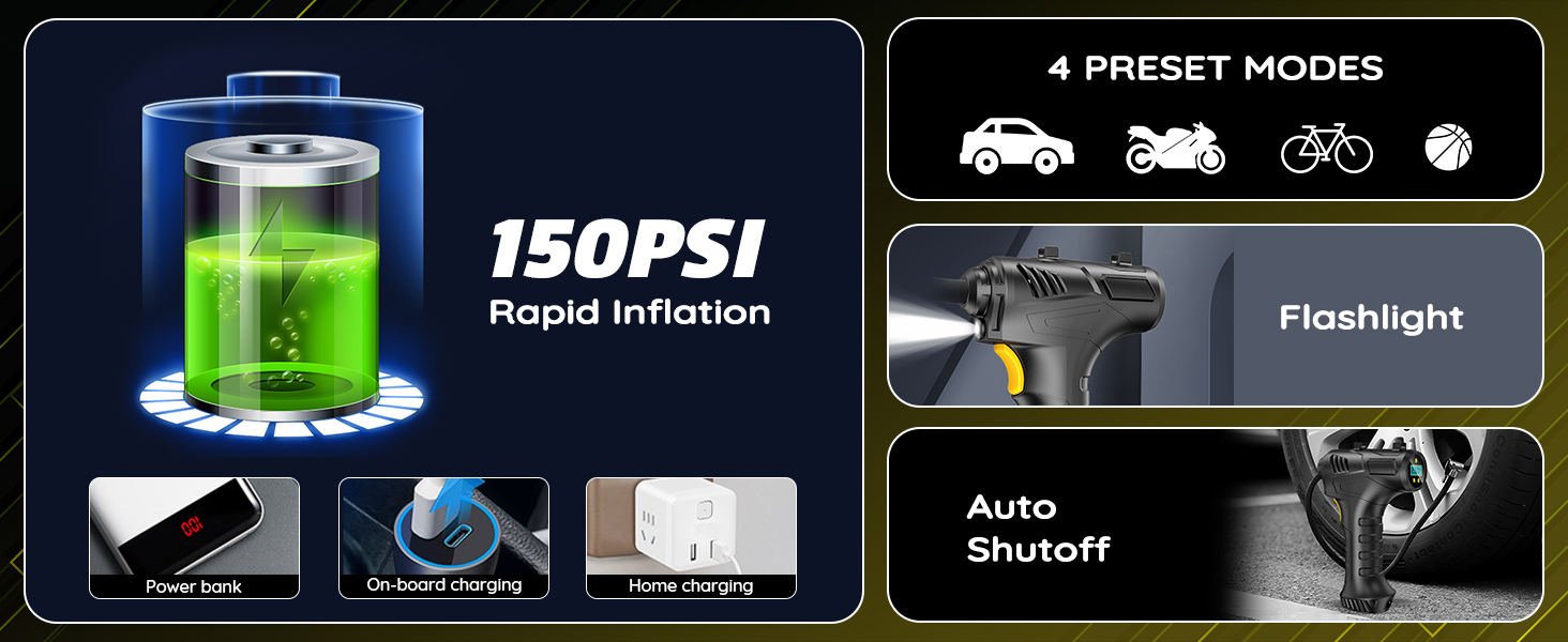 Haquno Cordless Tyre Inflator Handheld Air Compressor, 12V Portable 5200mAh Rechargeable Car Tyre Pump, 150PSI Electric Digital Car Air Pump with LED Light & 4 Nozzles for Car, Motorcycle, Bicycle 14 Cordless Tyre Inflator Air Compressor