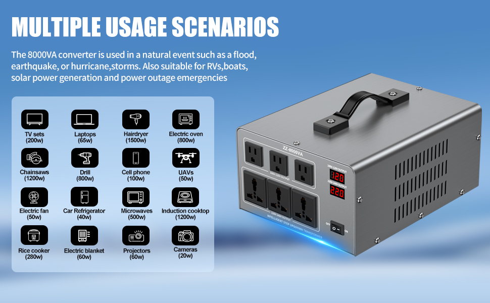 8000 Watt Voltage Converter Transformer Heavy Duty Step Up/Down AC 110V/120V/220V/240V