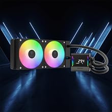 PC liquid cooling system with dual RGB cooling fans displaying rainbow colors, digital temperature display, and connected cooling tubes against dark background.