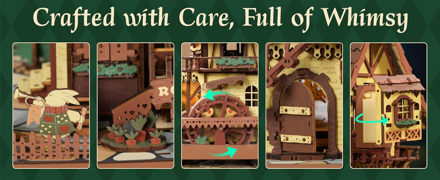 Text reads: 'Crafted with Care, Full of Whimsy'. Series of product photos showing wooden decorative items or crafts in retail display settings.