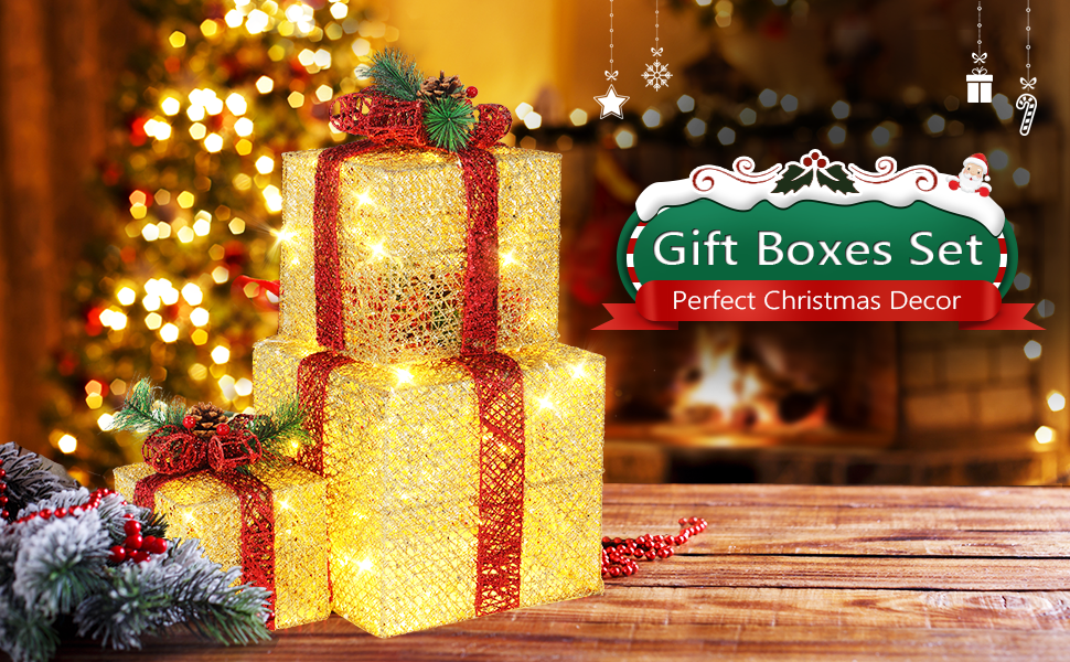 VINGLI Christmas Lighted Gift Boxes Set of 3 with Plug