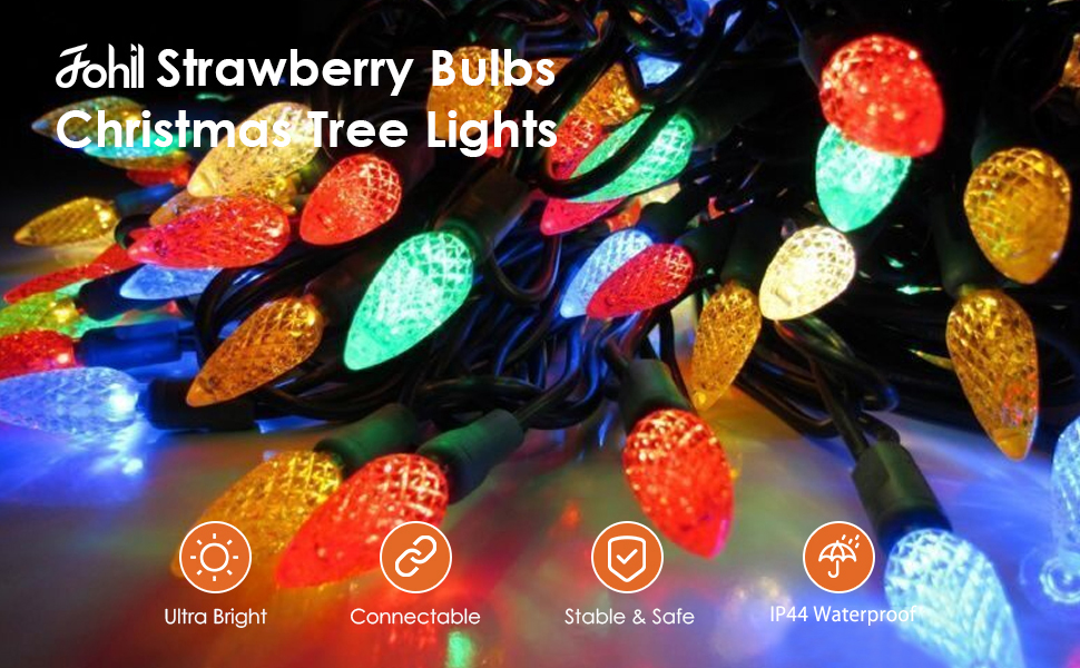 Fohil 2 Pack Outdoor Christmas Lights, Multicolor C6 Strawberry String Lights 32.8ft 70 LED