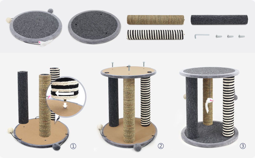 SONGWAY Cat Scratching Post Tree - Cat Tree with 3 Scratching Poles and Dangling Balls, Carpeted Base and Perch, Interactive Scratcher Toy for Indoor Cats Kittens, Grey 37 07