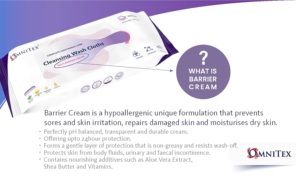 52x Omnitex Incontinence Cleansing Wash Cloths with Barrier Cream