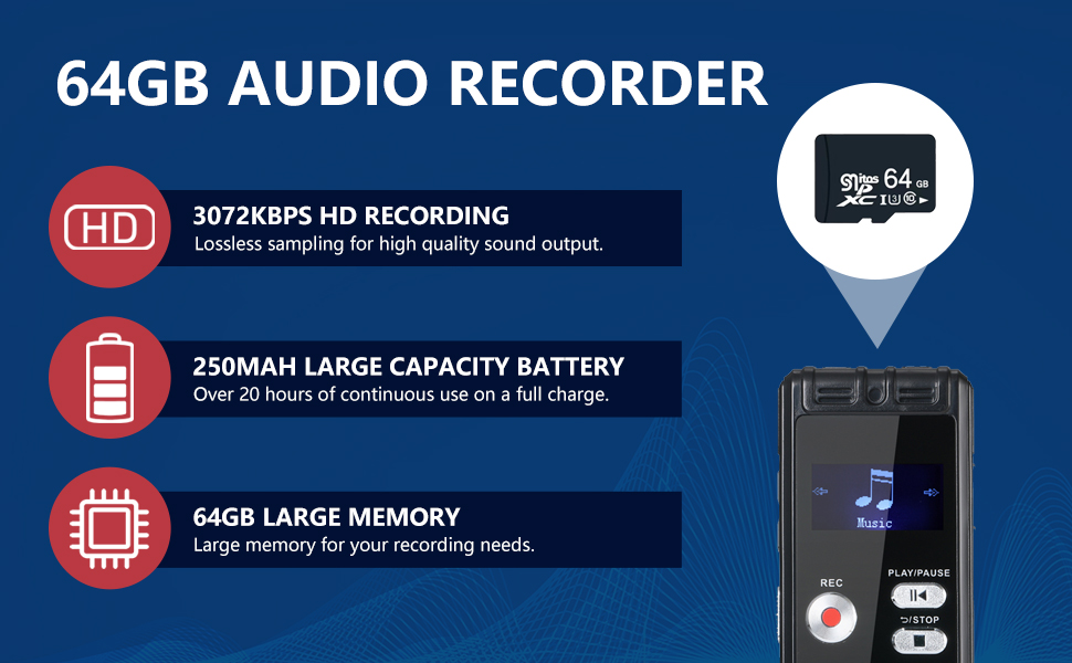 64GB Digital Voice Activated Recorder with Playback 3072Kbps HD Audio