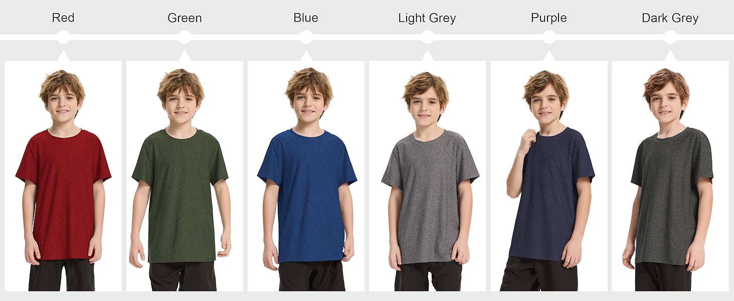 6 Pack Boys Athletic Shirts Youth Kids Quick Dry Moisture Wicking UPF 50+ Short Sleeve T-Shirts