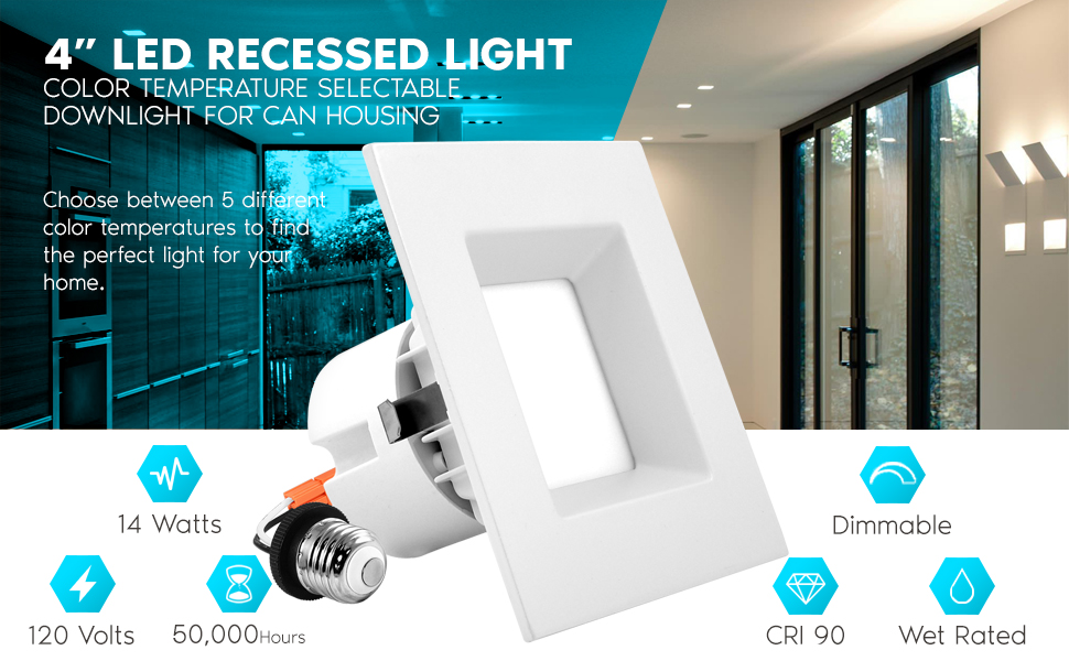 LUXRITE 4 Inch Square LED Recessed Can Lights, 14W=75W, 5 Color Options