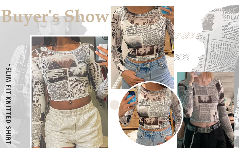 トップス UND SPACE NEWSPAPER PRINT TOP WDIRARA Women's Newspaper Print Crop Top Letter Graphic Long