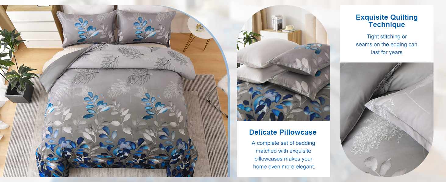 Dark Grey Comforter Set Queen Blue Botanical Leaves Comforter 3 Pieces Floral Bedding Sets