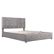 Gray upholstered bed frame with tufted headboard and footboard. Platform-style base with wooden slats visible. Modern, minimalist design suitable for contemporary bedrooms.