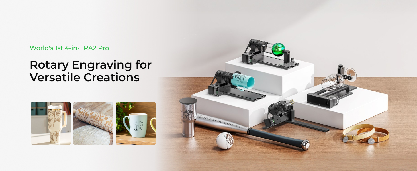 Modular rotary tool system displayed on white pedestals. Various attachments and accessories shown, including engraving tools. Sample creations visible: engraved mug, wooden item, metalwork.