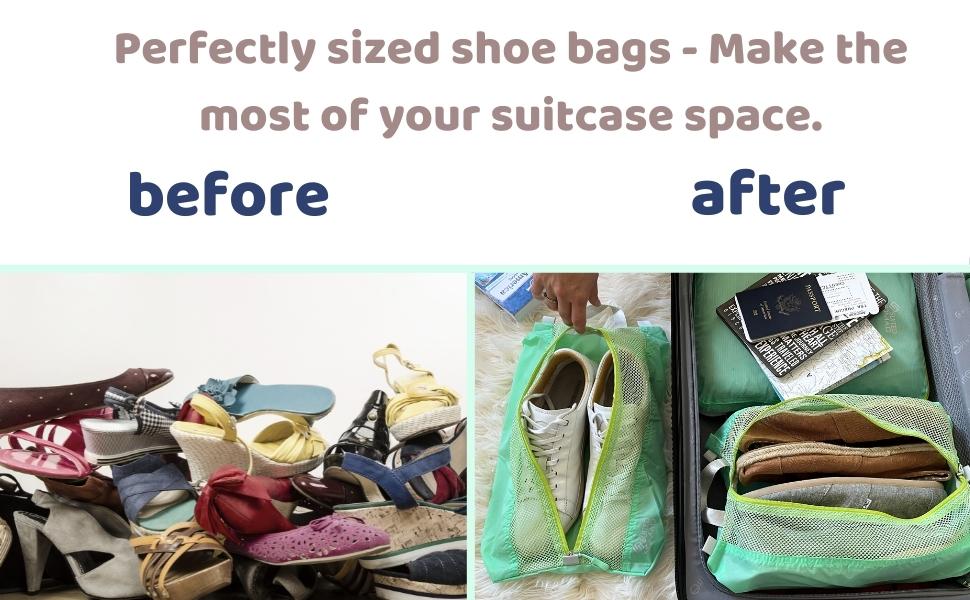before after shoe organizer suitcase travel cubes bags luggage suitednomad