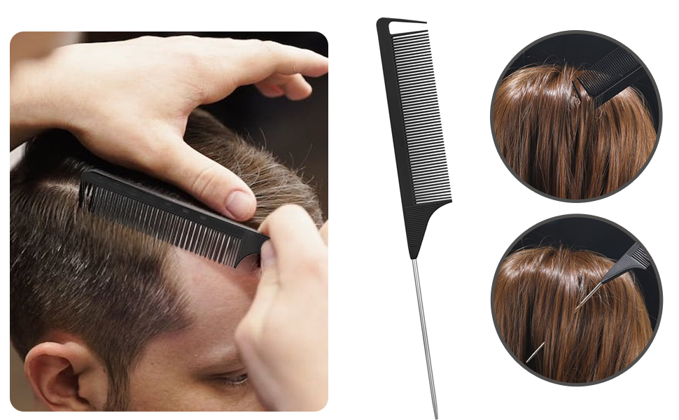 présenté sur les cheveux. L'image de gauche montre l'utilisation du peigne, les images de droite montrent un peigne séparant les sections de cheveux. Peigne noir à dents fines