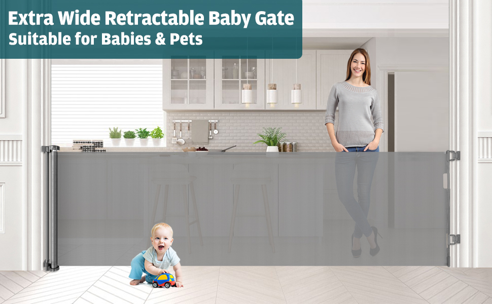 90 Inch Extra Wide Retractable Baby Gate Gates for Doorways
