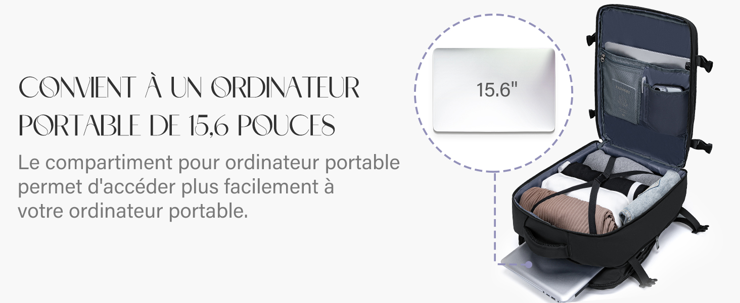 Schéma technique montrant les caractéristiques du sac ou de l'étui pour ordinateur portable avec une spécification de mesure de 15,6 pouces et des instructions d'utilisation en texte français.