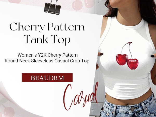 トップス Cherry Pattern Strap Top Cherry BEAUDRM Women's Y2K Cherry Pattern Round Neck Vest Summer