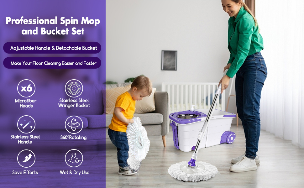 Midyb Spin Mop and Bucket Set, Mop and Bucket on Wheels, 360 Spinning Mop and Bucket