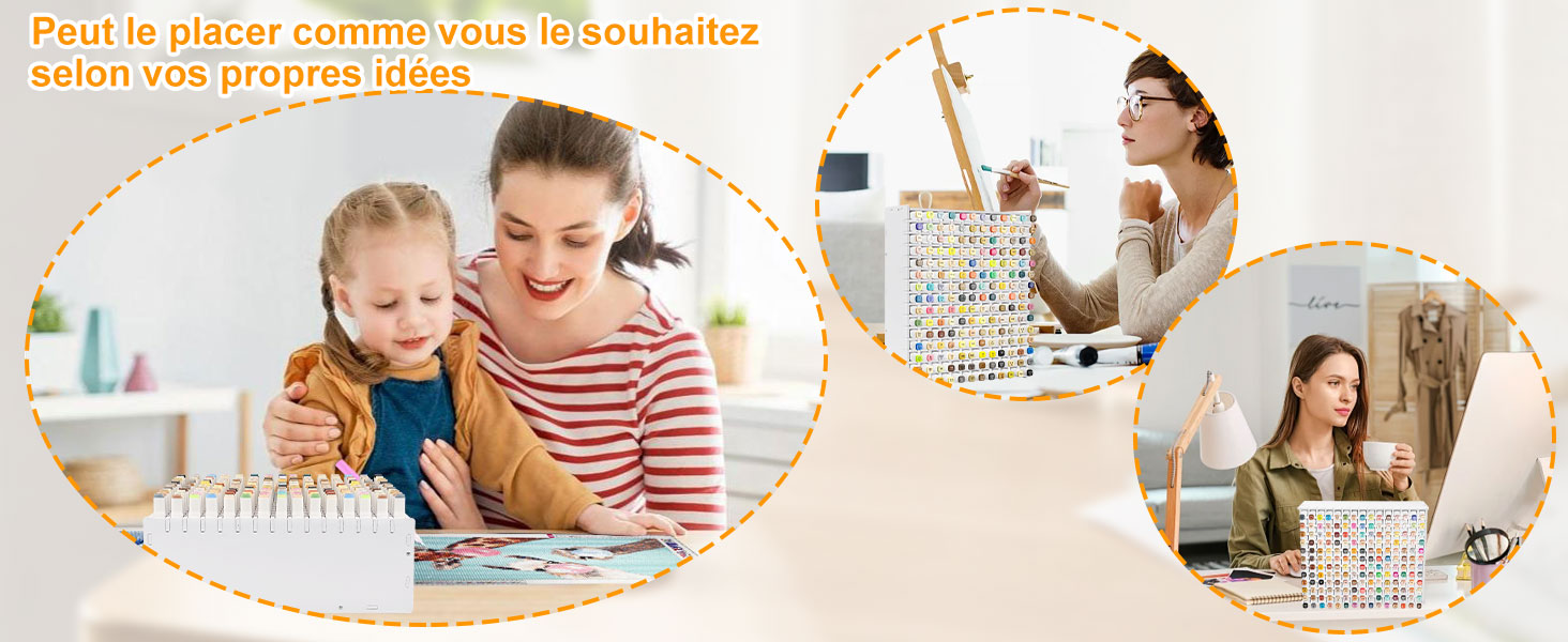 Système de rangement modulaire avec cubes blancs personnalisables. Trois images montrent différentes utilisations : organiser des jouets avec un enfant, exposer des objets de décoration et ranger des fournitures d'artisanat dans un espace de travail.