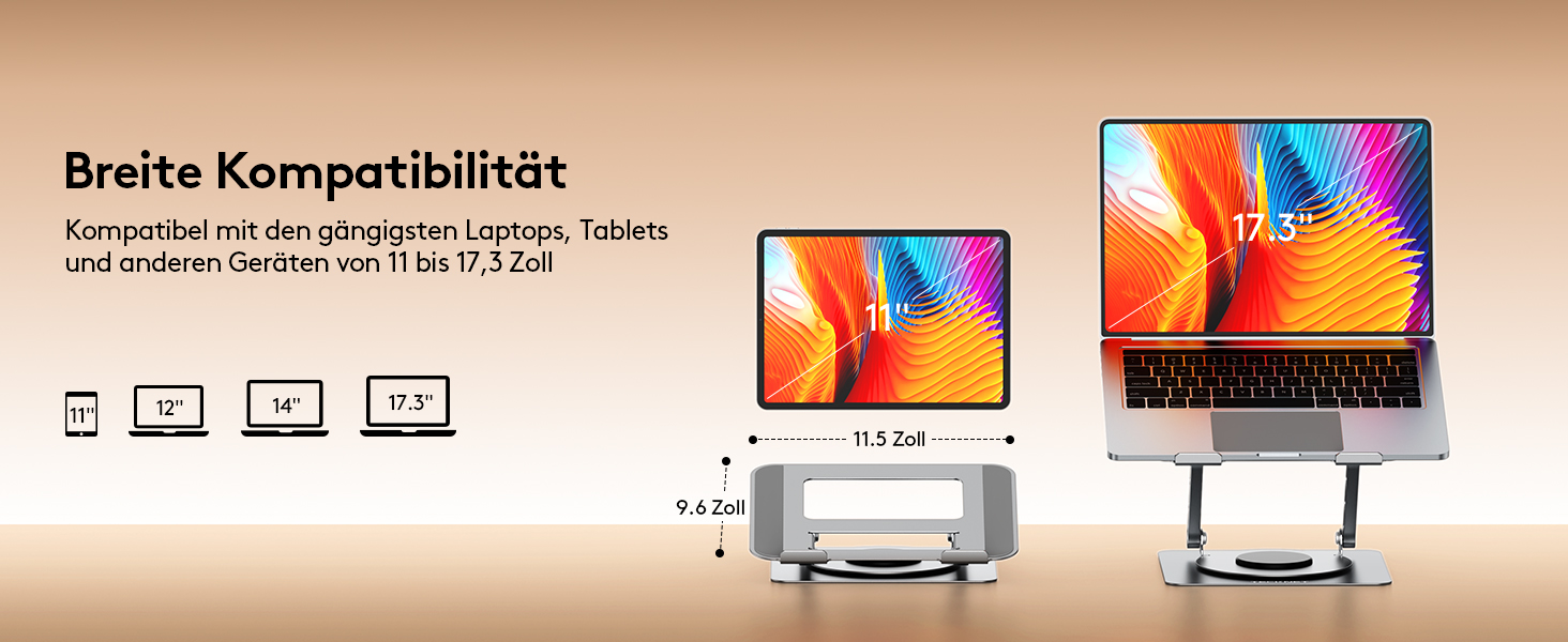 Der Text lautet „Breite Kompatibilität“. Mehrere Werbebilder zeigen Samsung-Tablets in verschiedenen Positionen mit Ständern und Befestigungsmöglichkeiten.