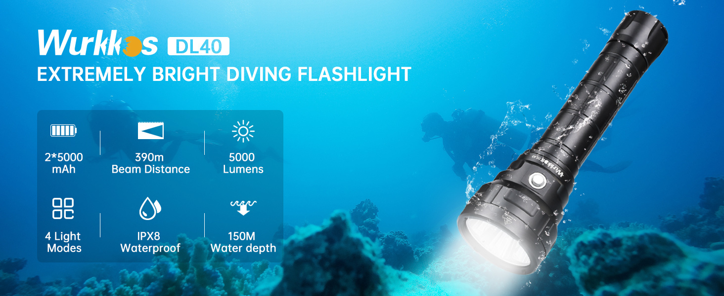 Wurkkos DL40 diving flashlight with 5000 lumens, 550m beam distance, 4 light modes, IPX8 waterproof rating, and 150m water depth capability. Shown underwater with beam illuminating.