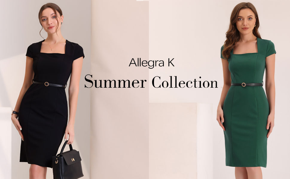 Allegra K Women's Vintage Pencil Dress Cap Sleeve Square
