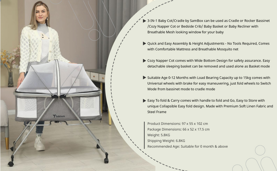 Teknum 3-IN-1 Baby Cot/Cradle w/ Mosquito net & Wheels - Dark Grey