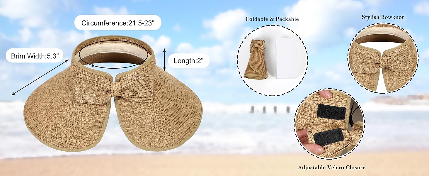 womens beach straw sun hats ponytail hole wide brim summer visor foldable hat uv Protection 
